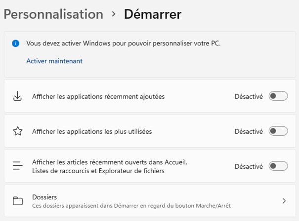 Désactiver les recommandations du menu Démarrer de Windows 11